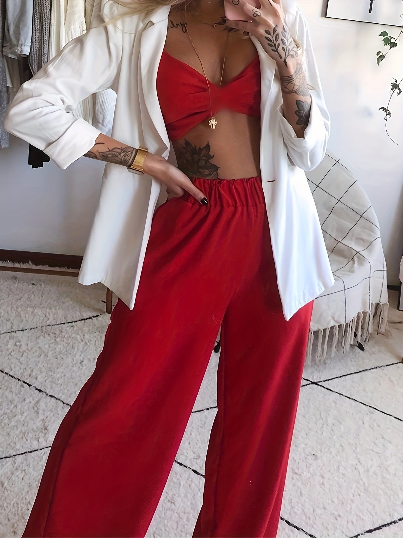 Bold Red Palazzo Pants and White Blazer Outfit