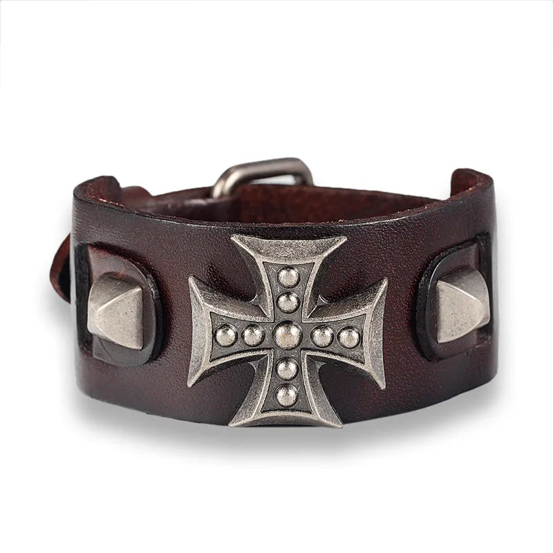 MKENDN Wide Leather bracelets male Cross Retro bracelet homme Genuine Leather Bracelet Men Woman bracelets bangles Pulseira