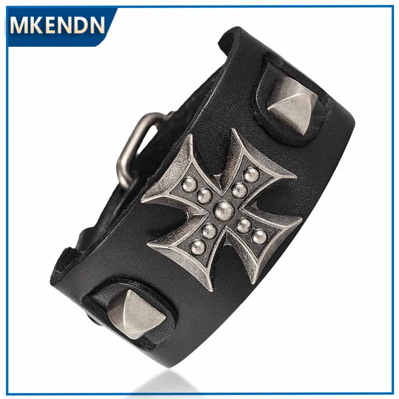 MKENDN Wide Leather bracelets male Cross Retro bracelet homme Genuine Leather Bracelet Men Woman bracelets bangles Pulseira