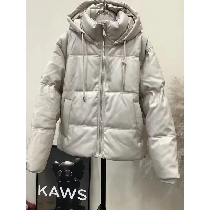 Regular-Length Hooded Puffer Jacket (Black & Cream)