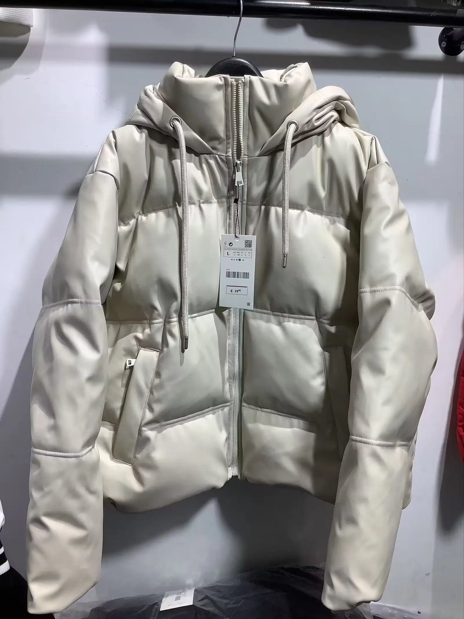 Regular-Length Hooded Puffer Jacket (Black & Cream)