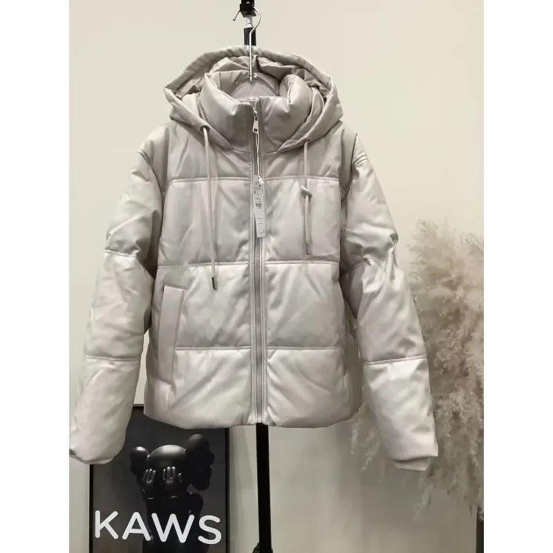 Regular-Length Hooded Puffer Jacket (Black & Cream)