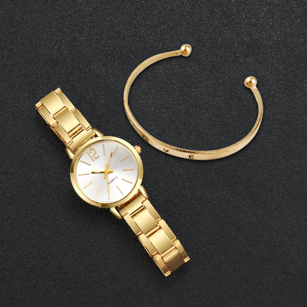 Wrist Duo: Classic Gold Watch + Thin Cuff Bangle