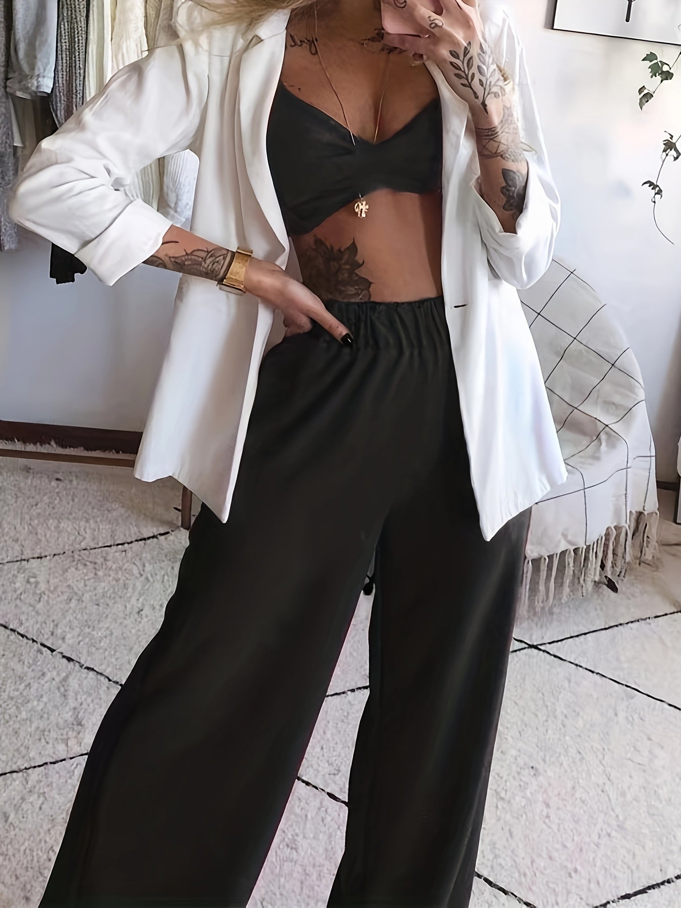 Bold Red Palazzo Pants and White Blazer Outfit