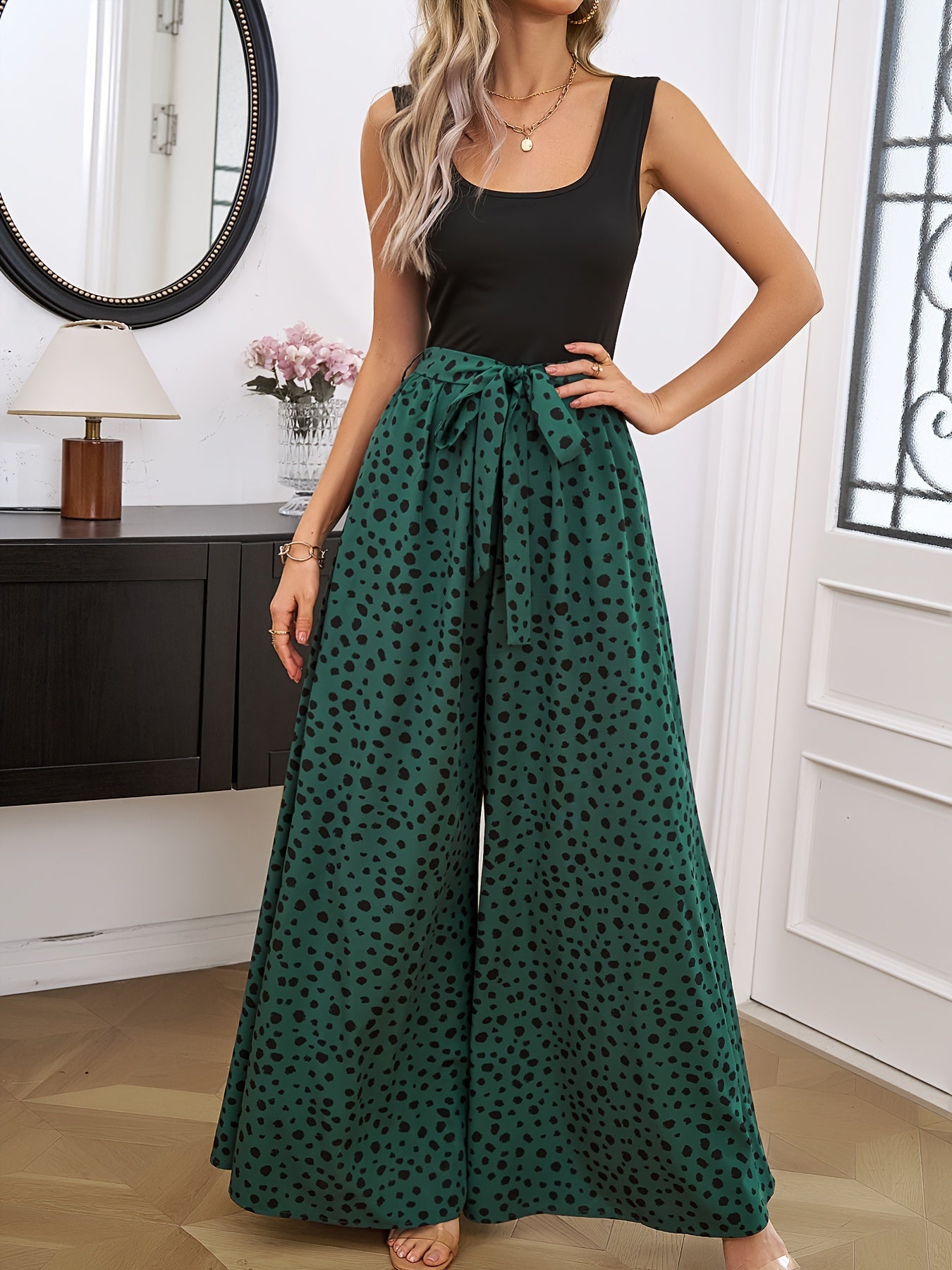 Emerald Polka Dot High-Waist Wide-Leg Trousers